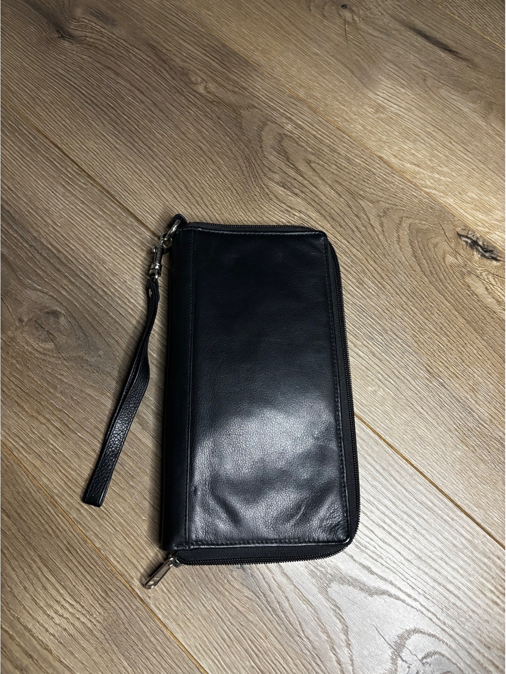 Rowallan Black Genuine Leather Zip-Around Wallet with Wrist Strap